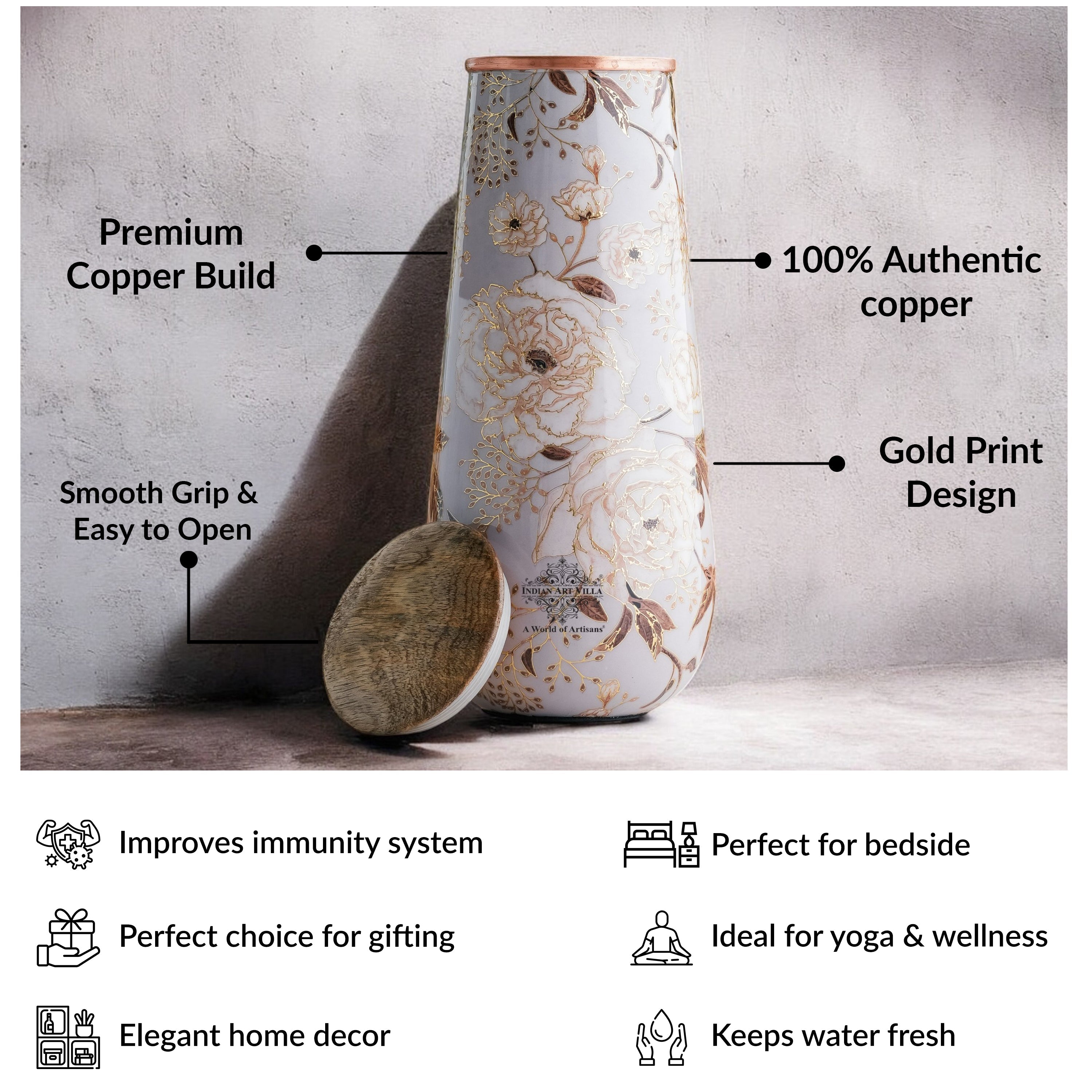 Pure Copper Bedroom Bottle with Golden Print Design 1500 ML