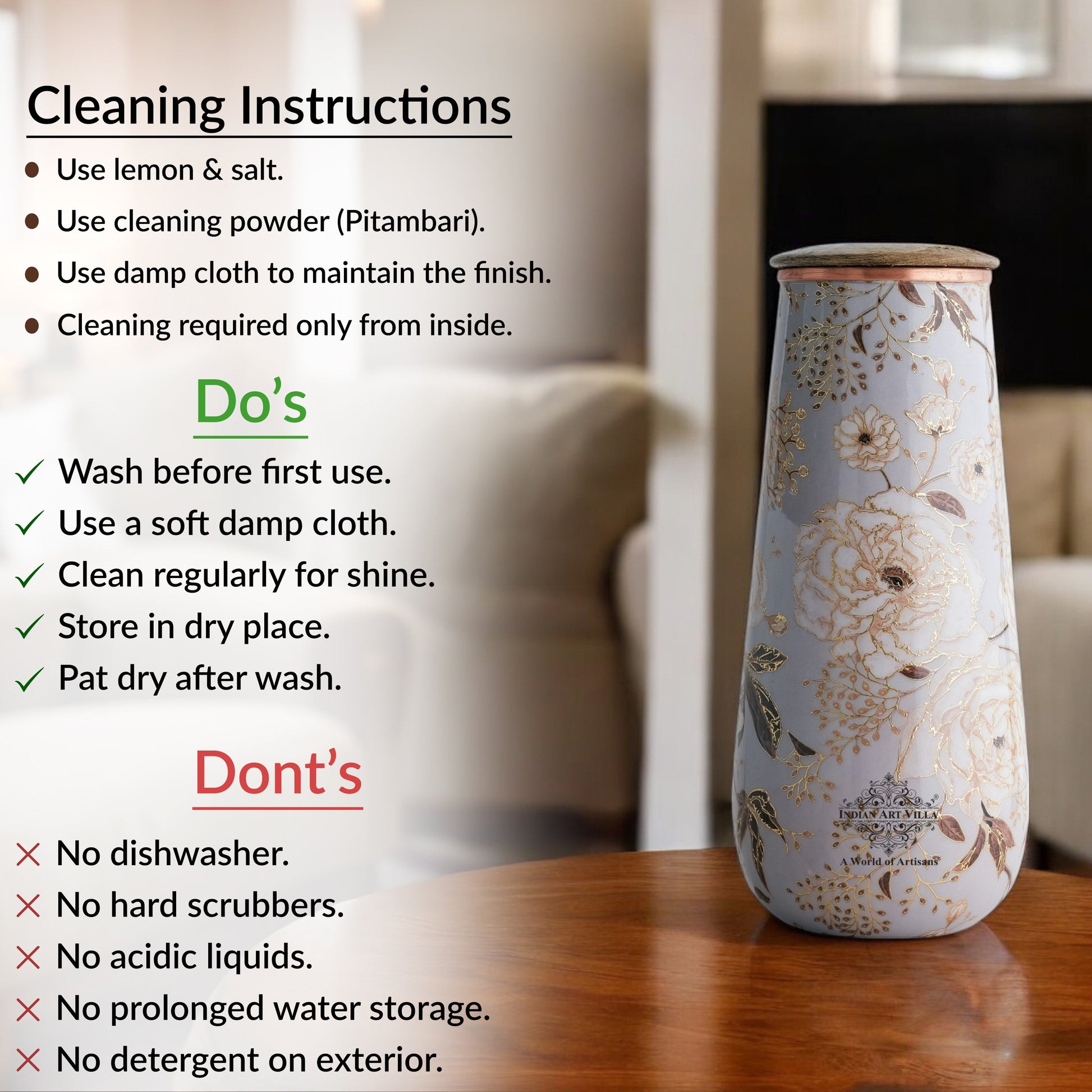 Pure Copper Bedroom Bottle with Golden Print Design 1500 ML