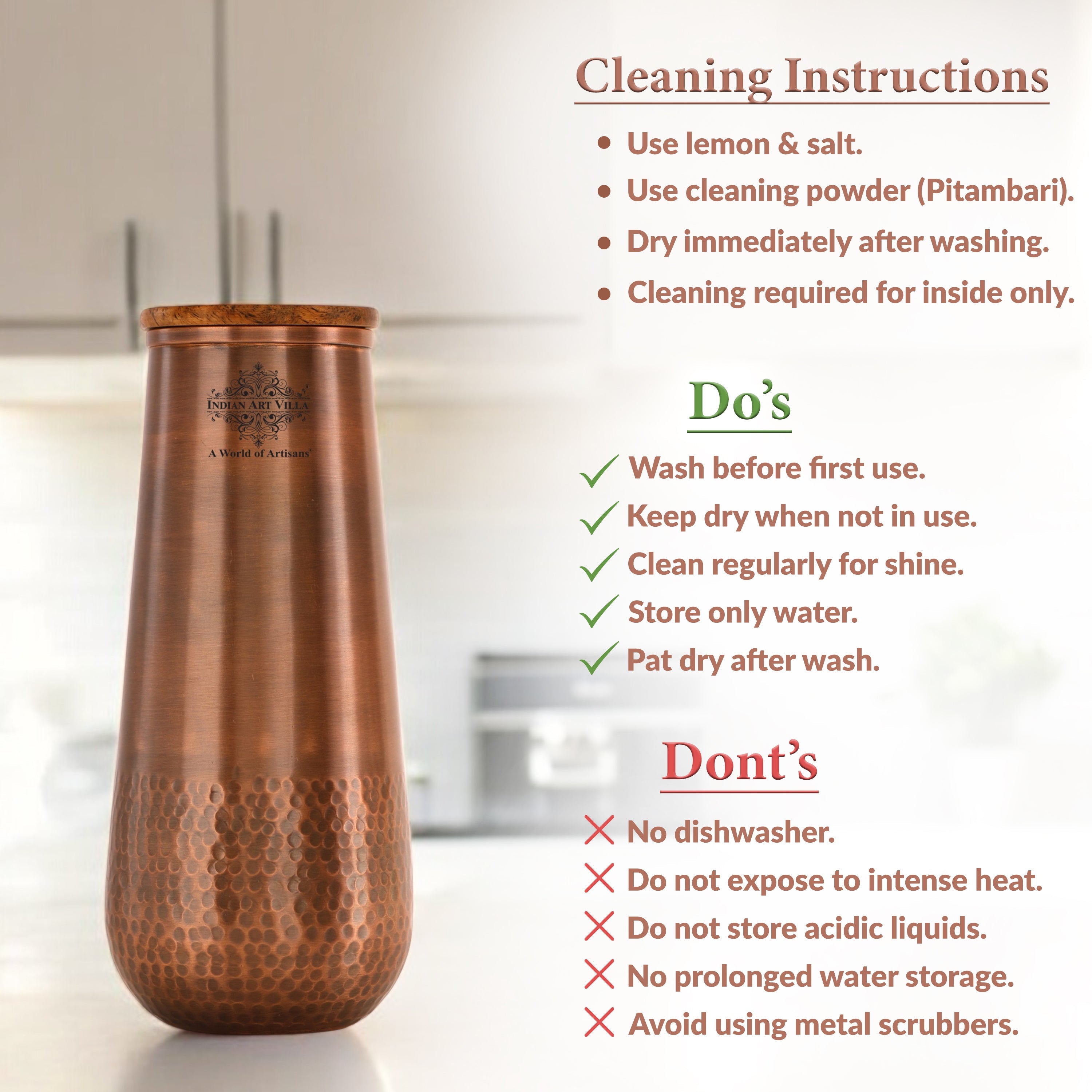 Copper Bedroom Bottle With Half Lacquer & Half Hammered Design