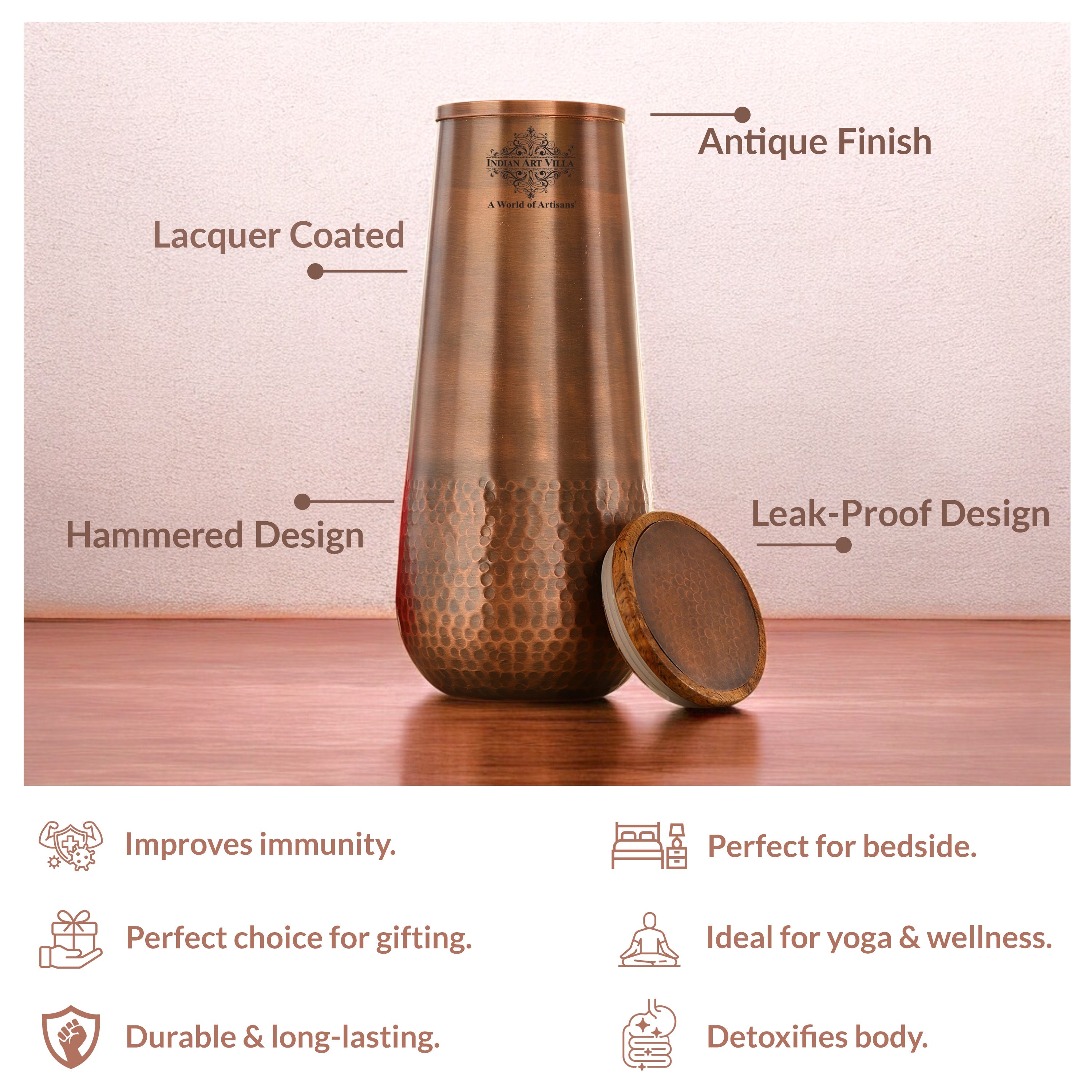 Copper Bedroom Bottle With Half Lacquer & Half Hammered Design