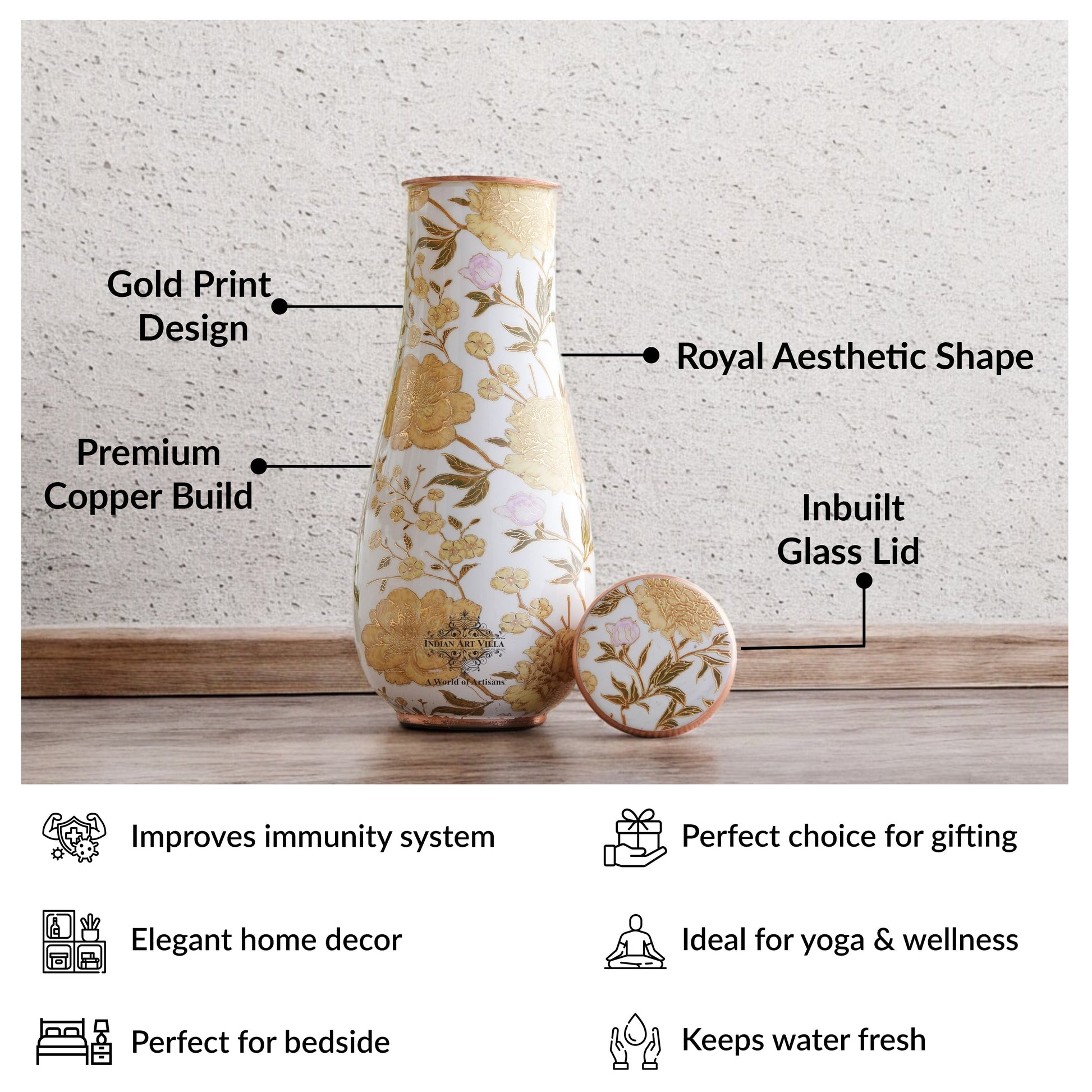 Pure Copper Bedroom Bottle with Golden Print Design 1500 ML