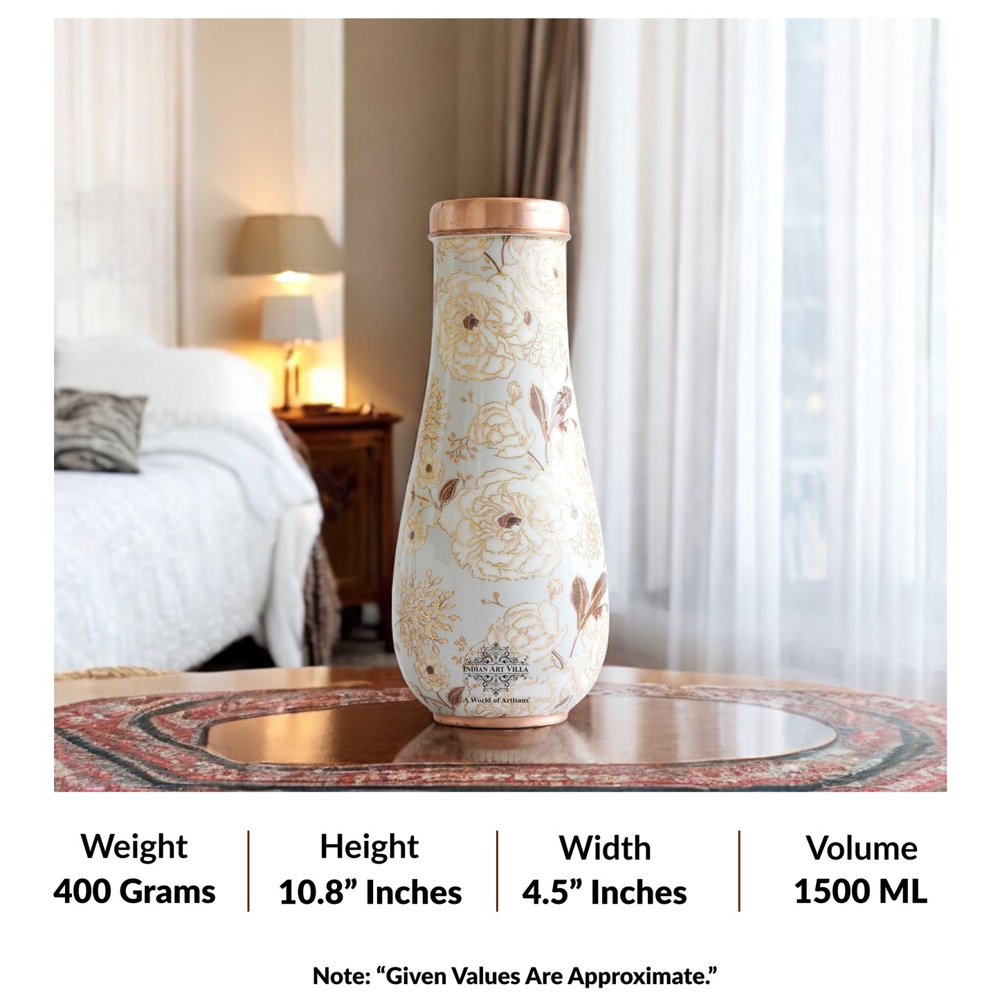 Pure Copper Bedroom Bottle with Golden Print Design 1500 ML