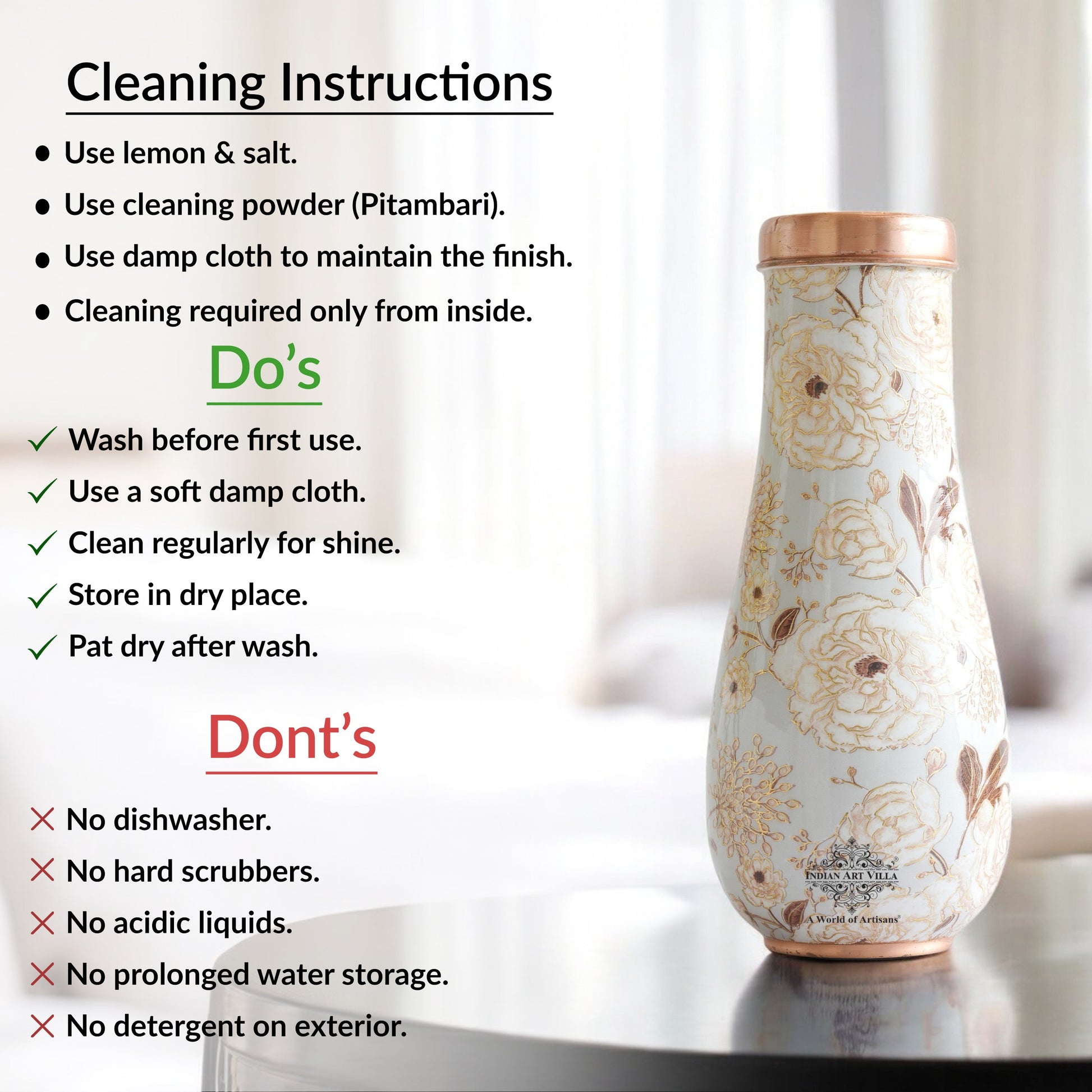 Pure Copper Bedroom Bottle with Golden Print Design 1500 ML