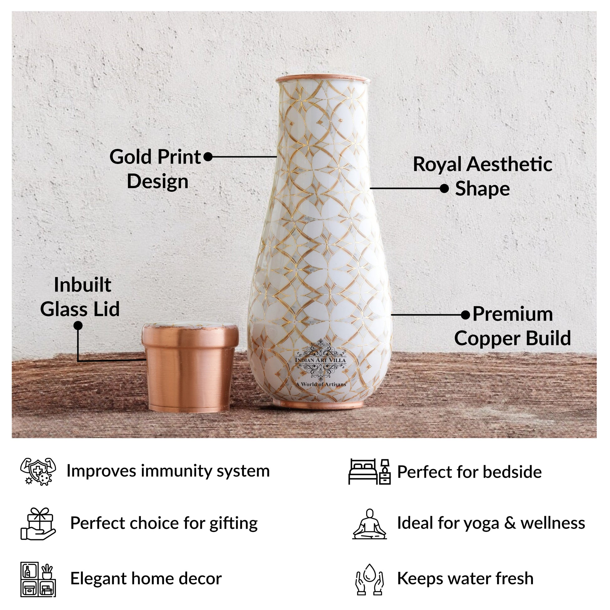 Pure Copper Bedroom Bottle with Golden Print Design 1500 ML