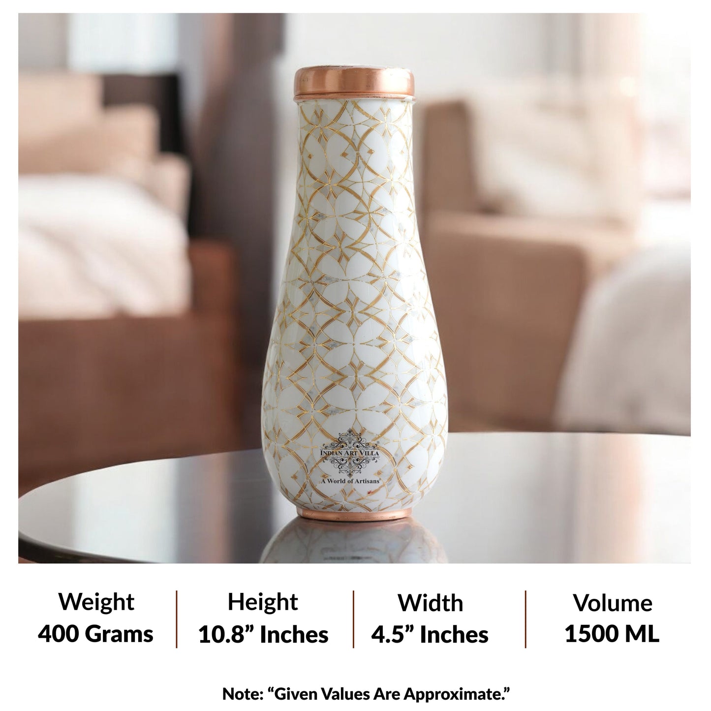Pure Copper Bedroom Bottle with Golden Print Design 1500 ML