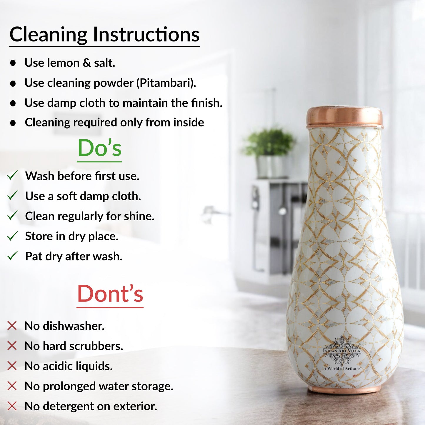 Pure Copper Bedroom Bottle with Golden Print Design 1500 ML