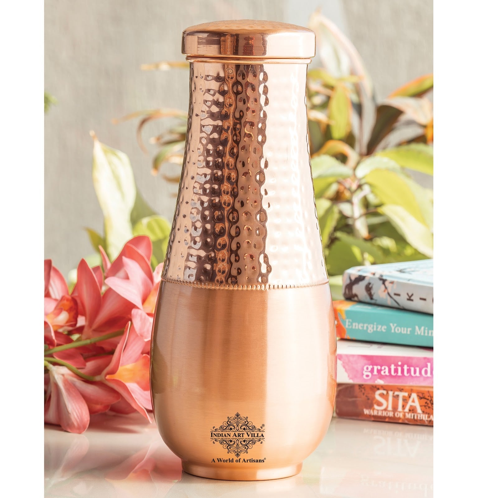 Copper Bedroom Bottle With Half Lacquer & Half Hammered Design