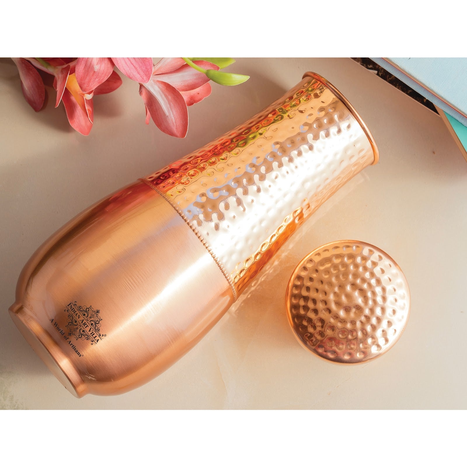 Copper Bedroom Bottle With Half Lacquer & Half Hammered Design