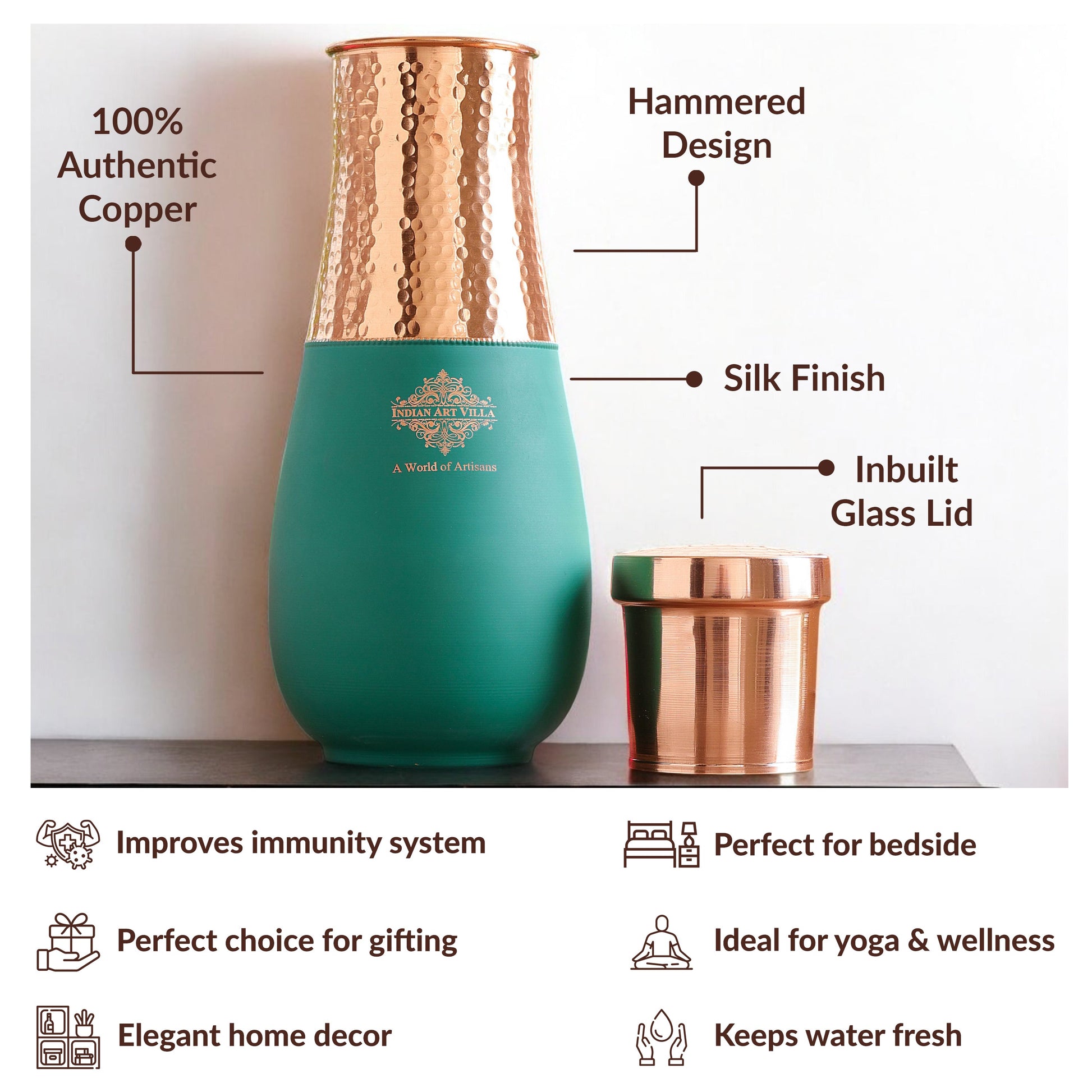 Pure Copper Half Hammered and Silk Finish Vase Shape Bedroom Bottle