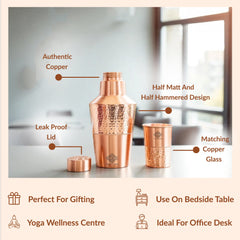 Pure Copper Matt & Hammered Jar 1250ML with Glass & Leak Proof Cap