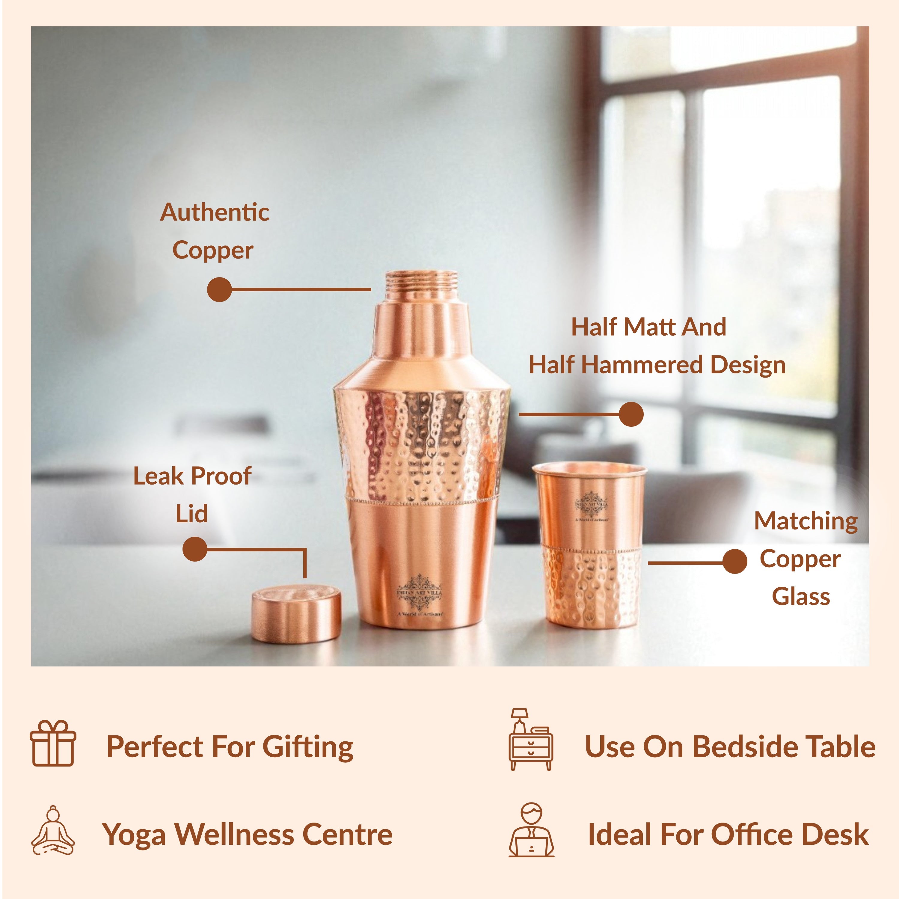Pure Copper Matt & Hammered Jar 1250ML with Glass & Leak Proof Cap