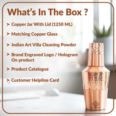 Pure Copper Matt & Hammered Jar 1250ML with Glass & Leak Proof Cap