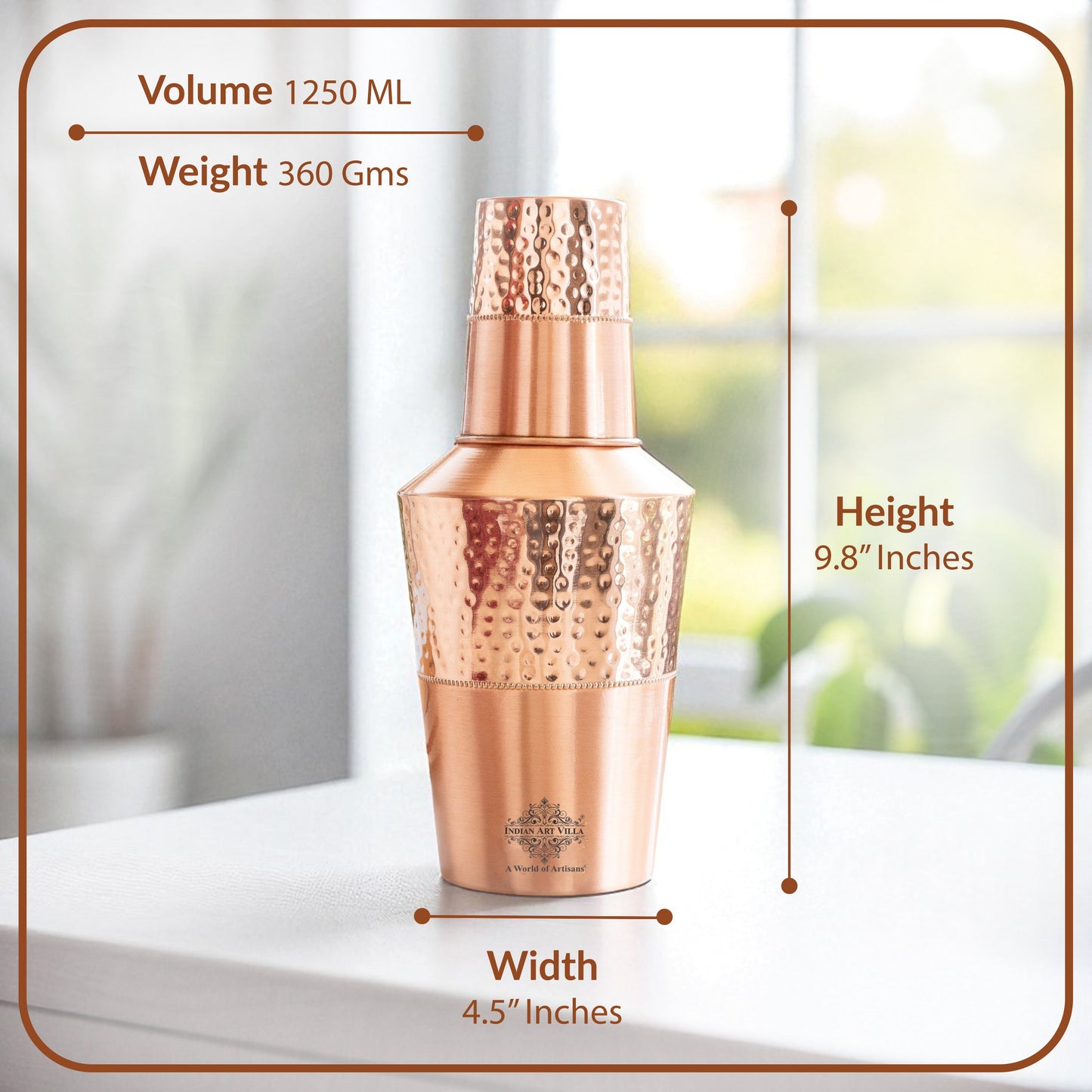 Pure Copper Matt & Hammered Jar 1250ML with Glass & Leak Proof Cap