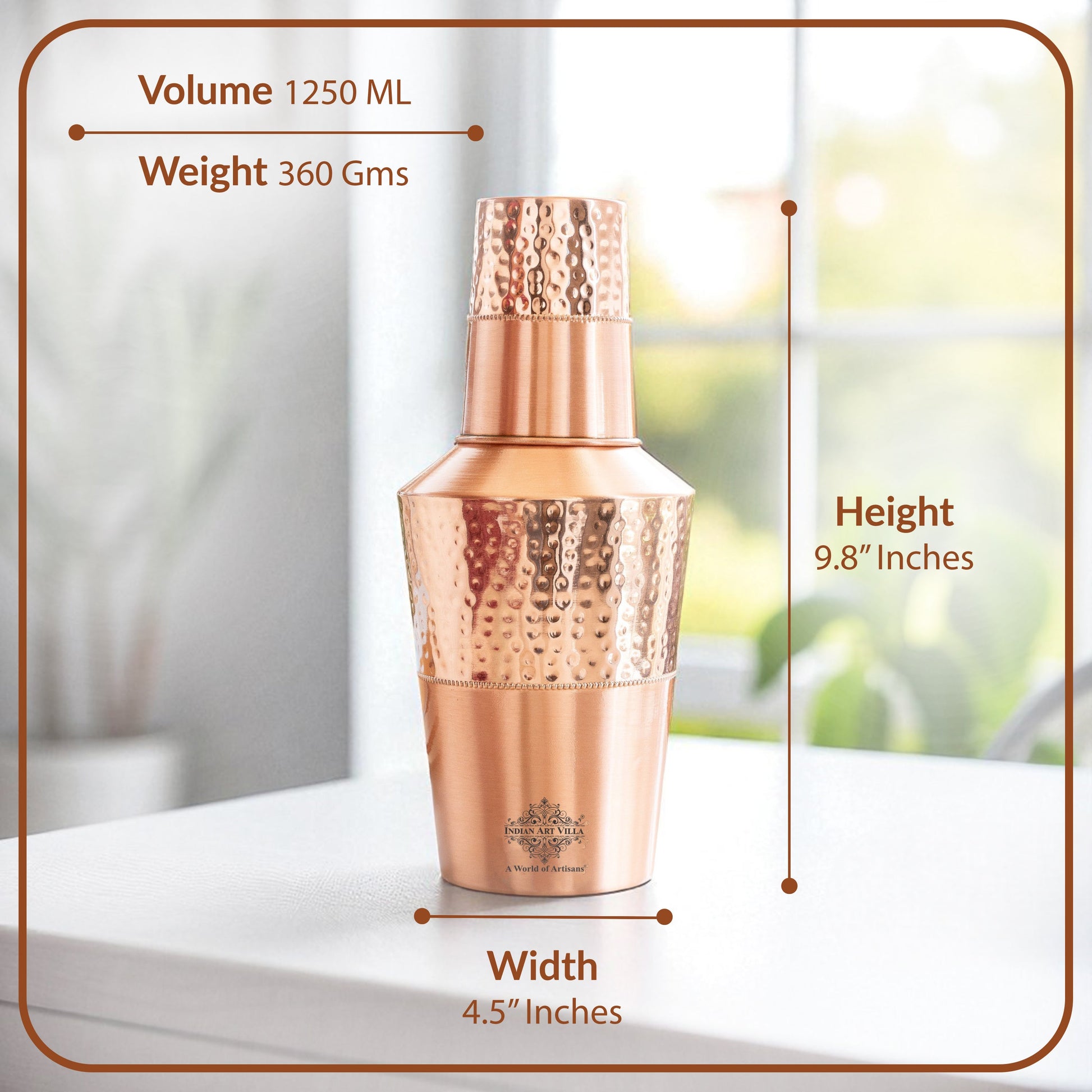 Pure Copper Matt & Hammered Jar 1250ML with Glass & Leak Proof Cap