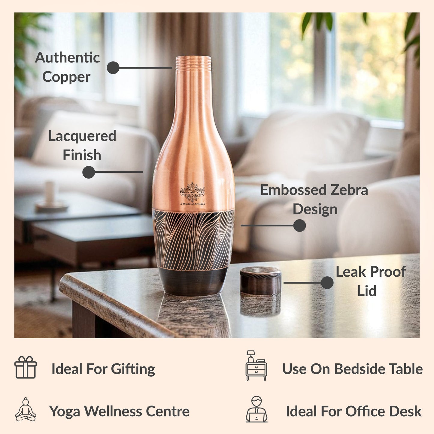 Pure Copper Zebra Embossed Designer Bedroom Bottle/Jar 1150 ML