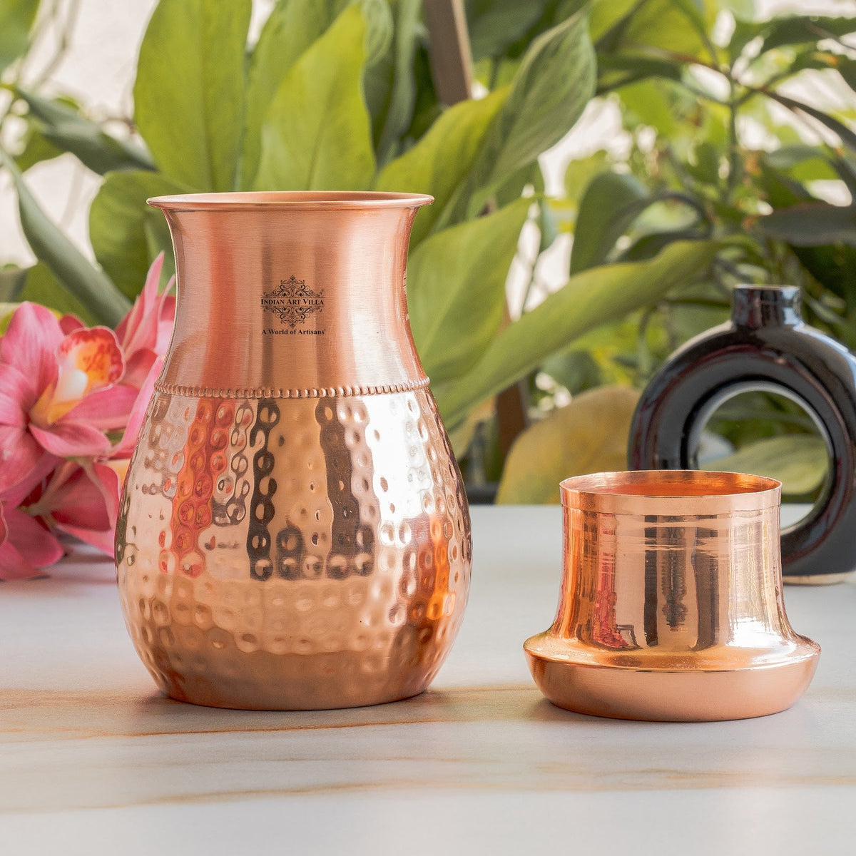 Pure Copper Bedroom Water Bottle with Inbuilt Glass-750 ML