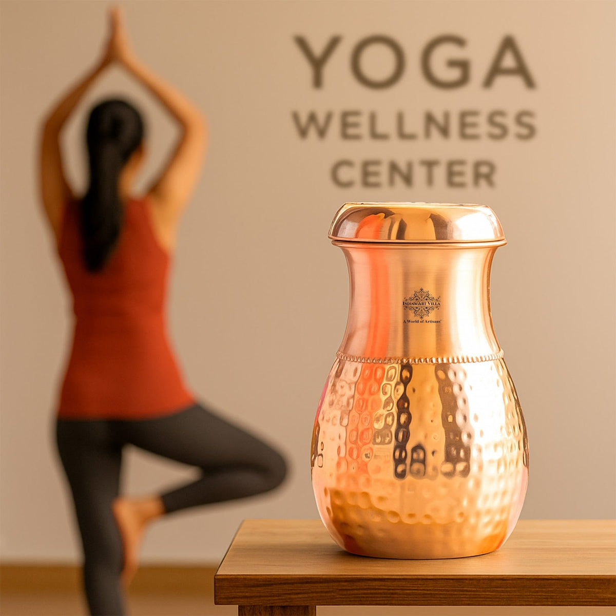 Pure Copper Bedroom Water Bottle with Inbuilt Glass-750 ML