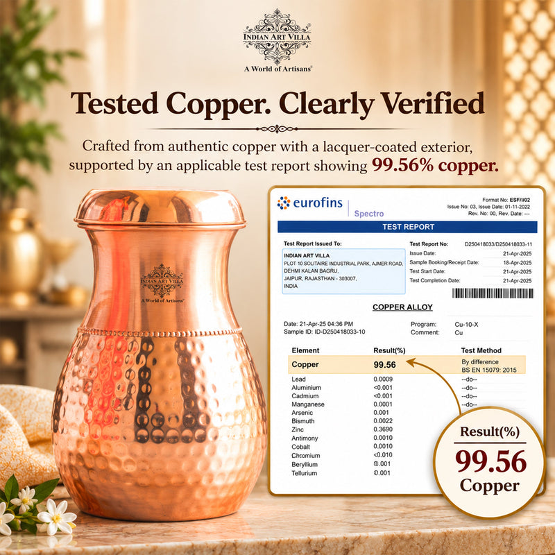 Pure Copper Bedroom Water Bottle with Inbuilt Glass-750 ML