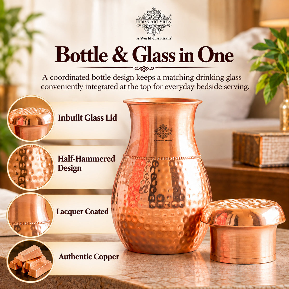 Pure Copper Bedroom Water Bottle with Inbuilt Glass-750 ML