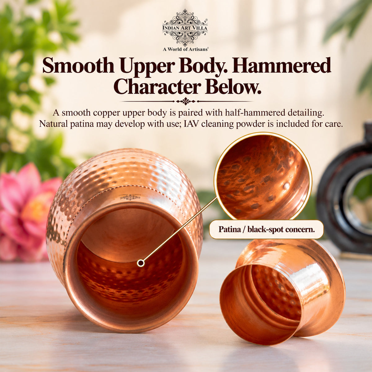 Pure Copper Bedroom Water Bottle with Inbuilt Glass-750 ML