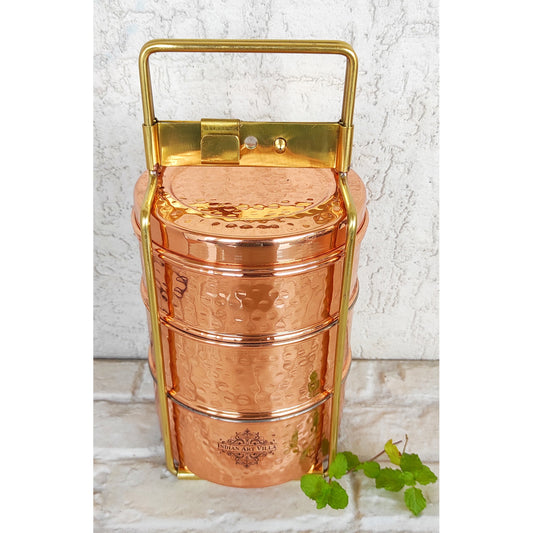 Pure Copper With Inside Tin Lining Lunch/Tiffin Box With Hammered Design, For Office, School & Travelling
