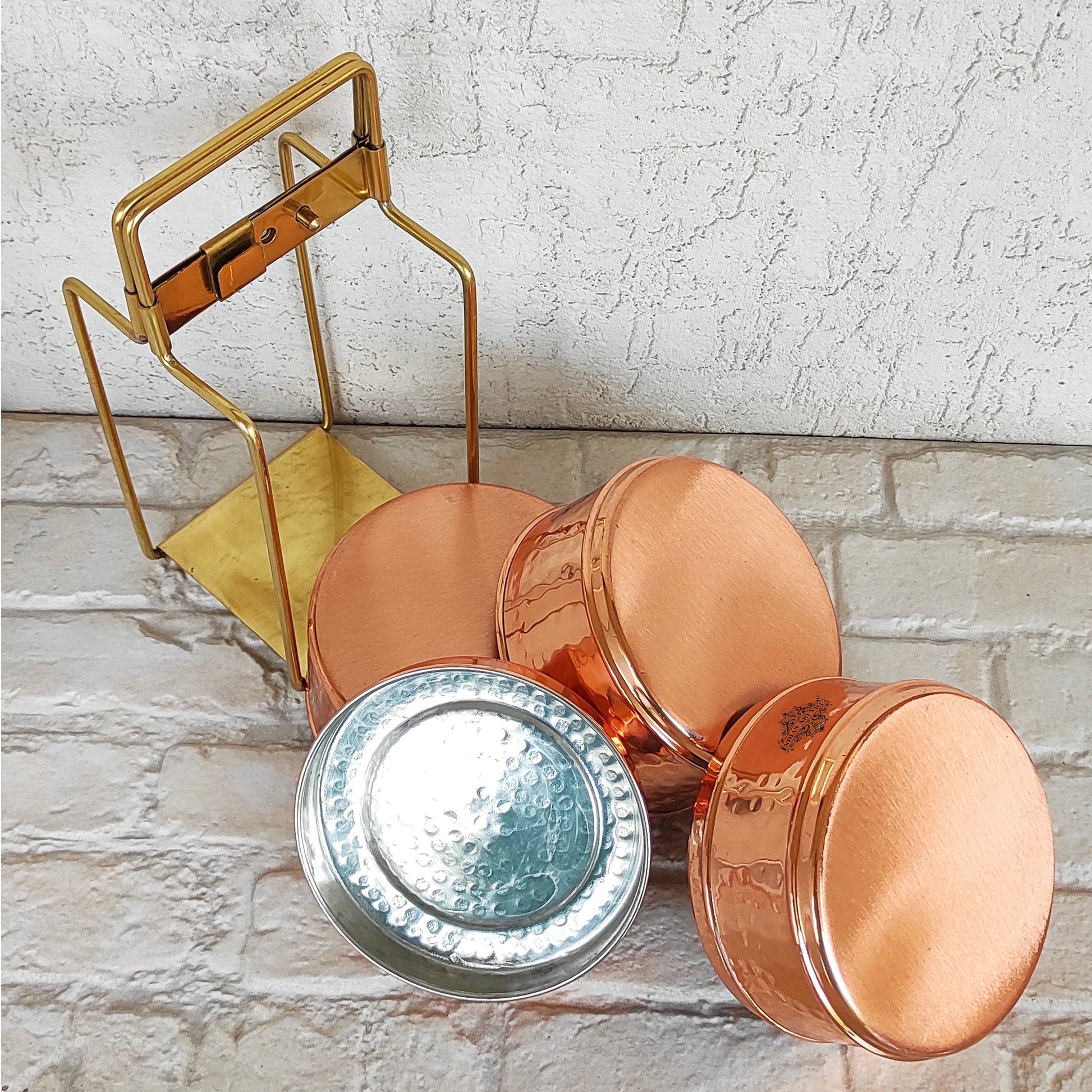 Pure Copper With Inside Tin Lining Lunch/Tiffin Box With Hammered Design, For Office, School & Travelling