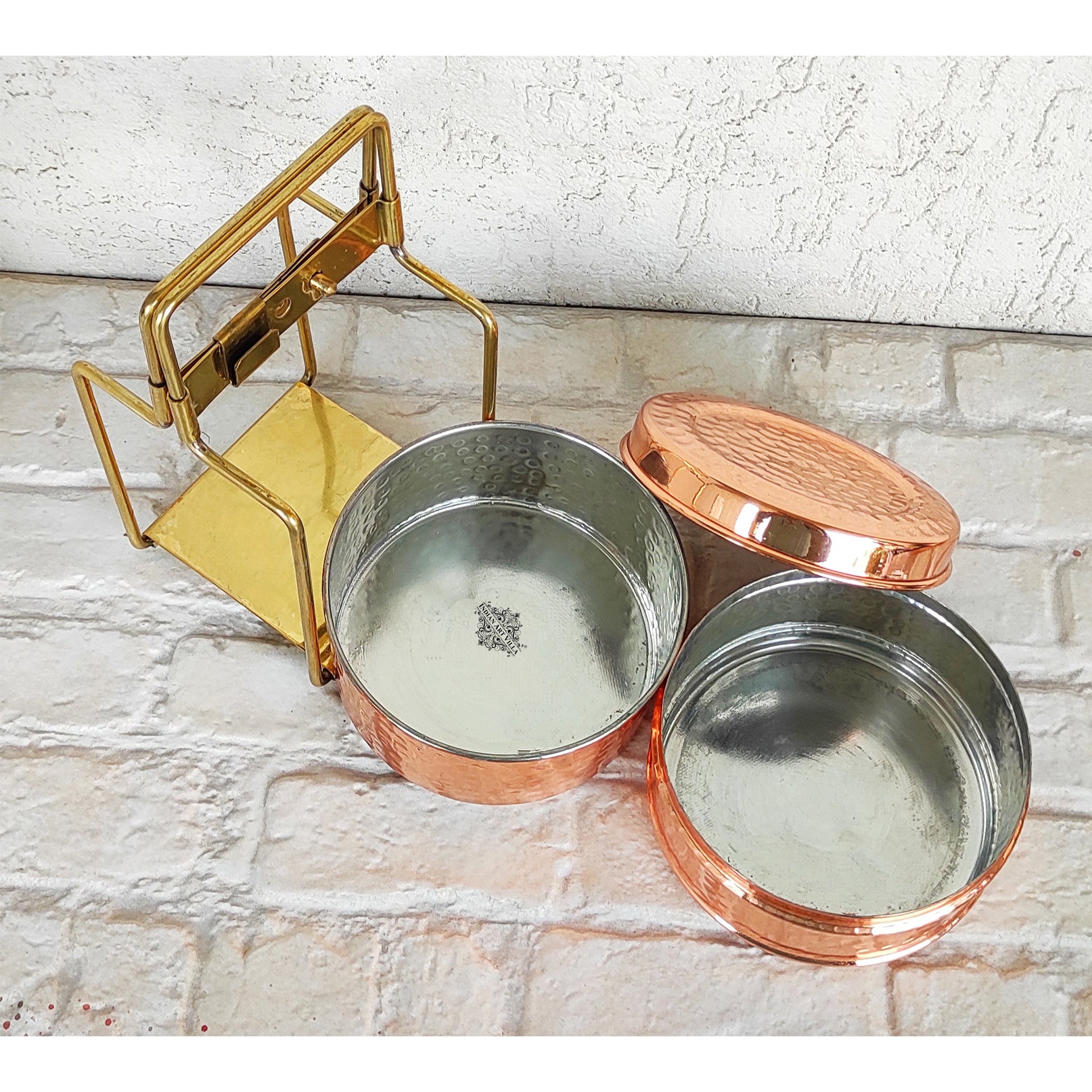 Pure Copper With Inside Tin Lining Lunch/Tiffin Box With Hammered Design, For Office, School & Travelling
