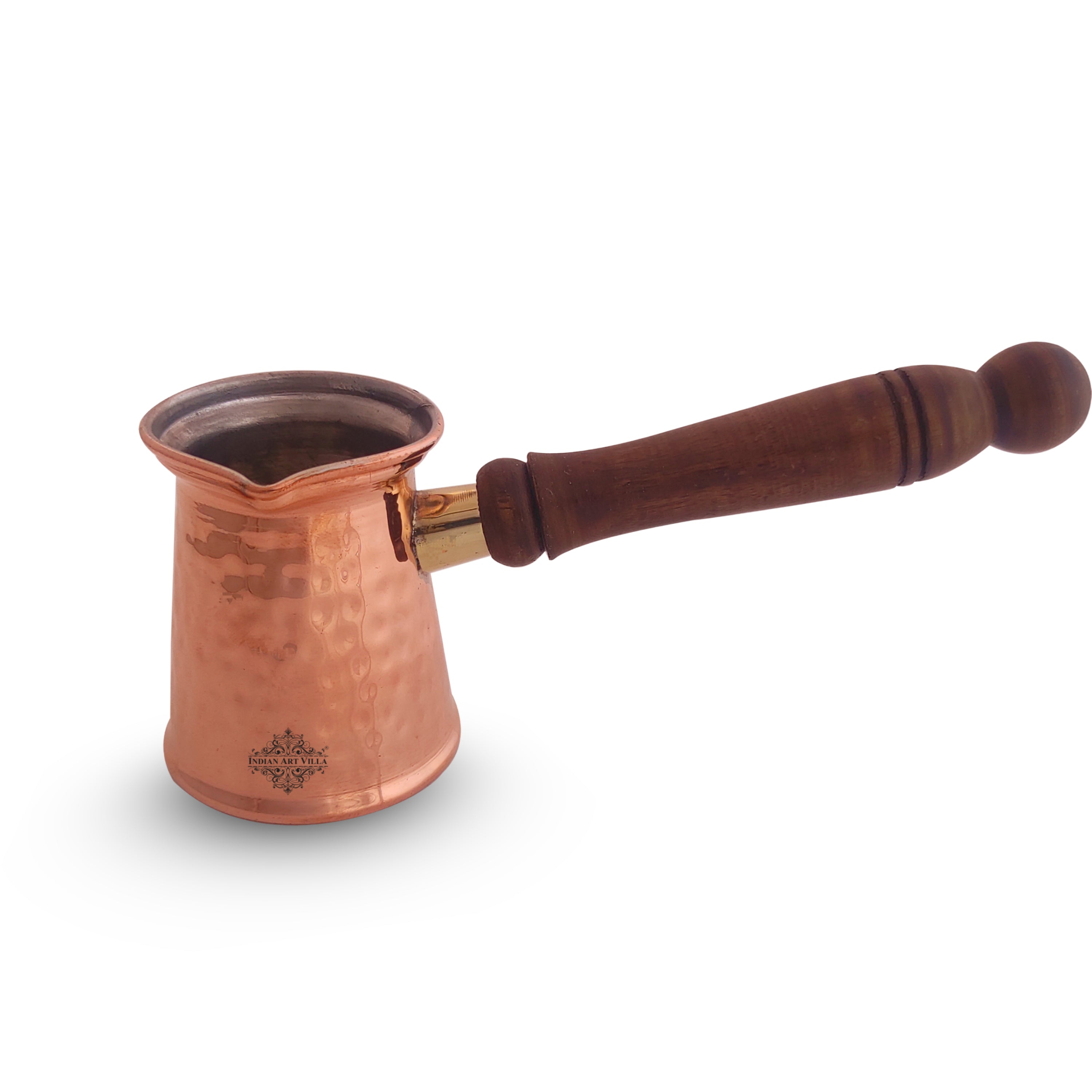 Pure Copper With Tin Lining Inside Turkish Kettle Mug with Wooden Handle & Hammered Design