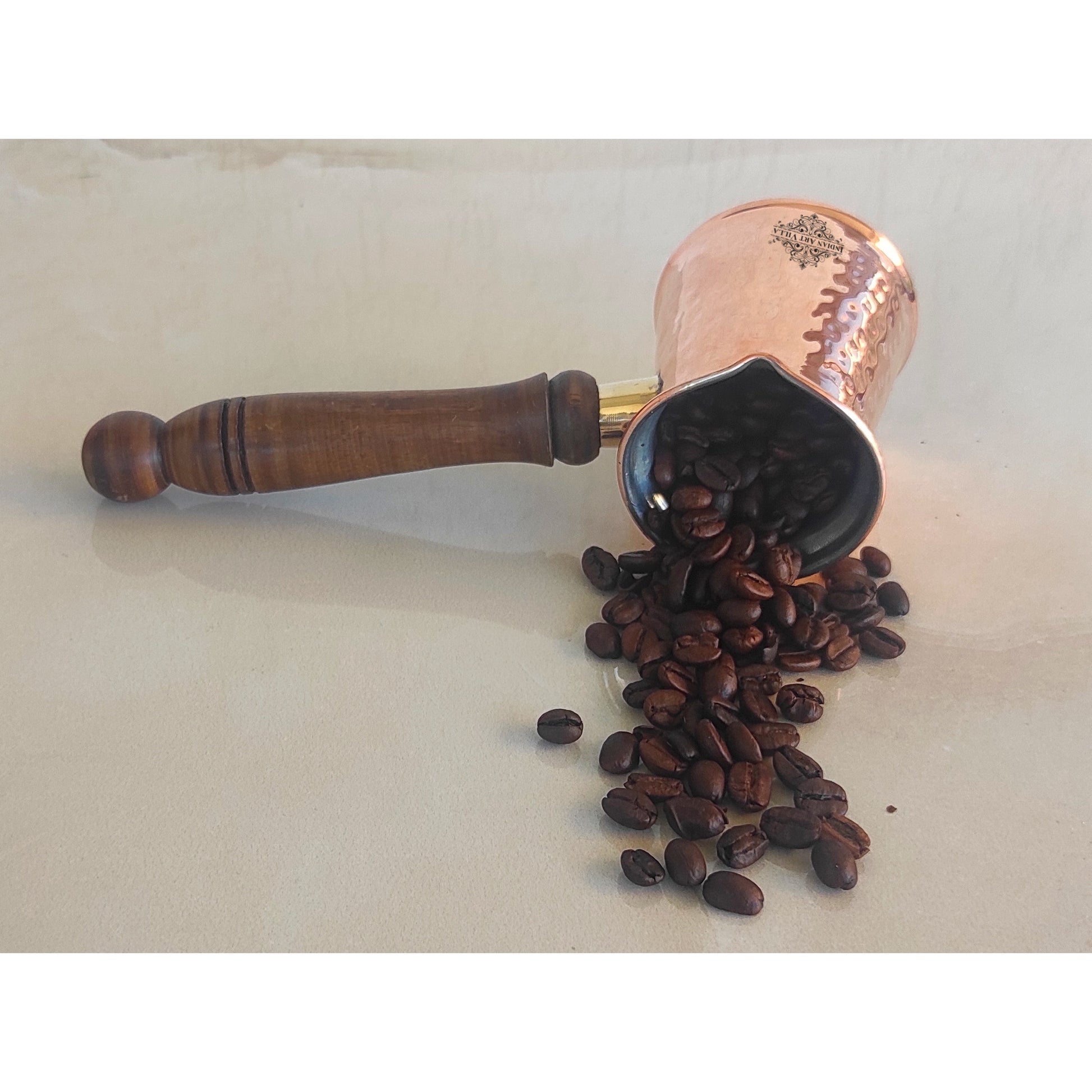 Pure Copper With Tin Lining Inside Turkish Kettle Mug with Wooden Handle & Hammered Design