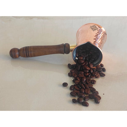 Pure Copper With Tin Lining Inside Turkish Kettle Mug with Wooden Handle & Hammered Design