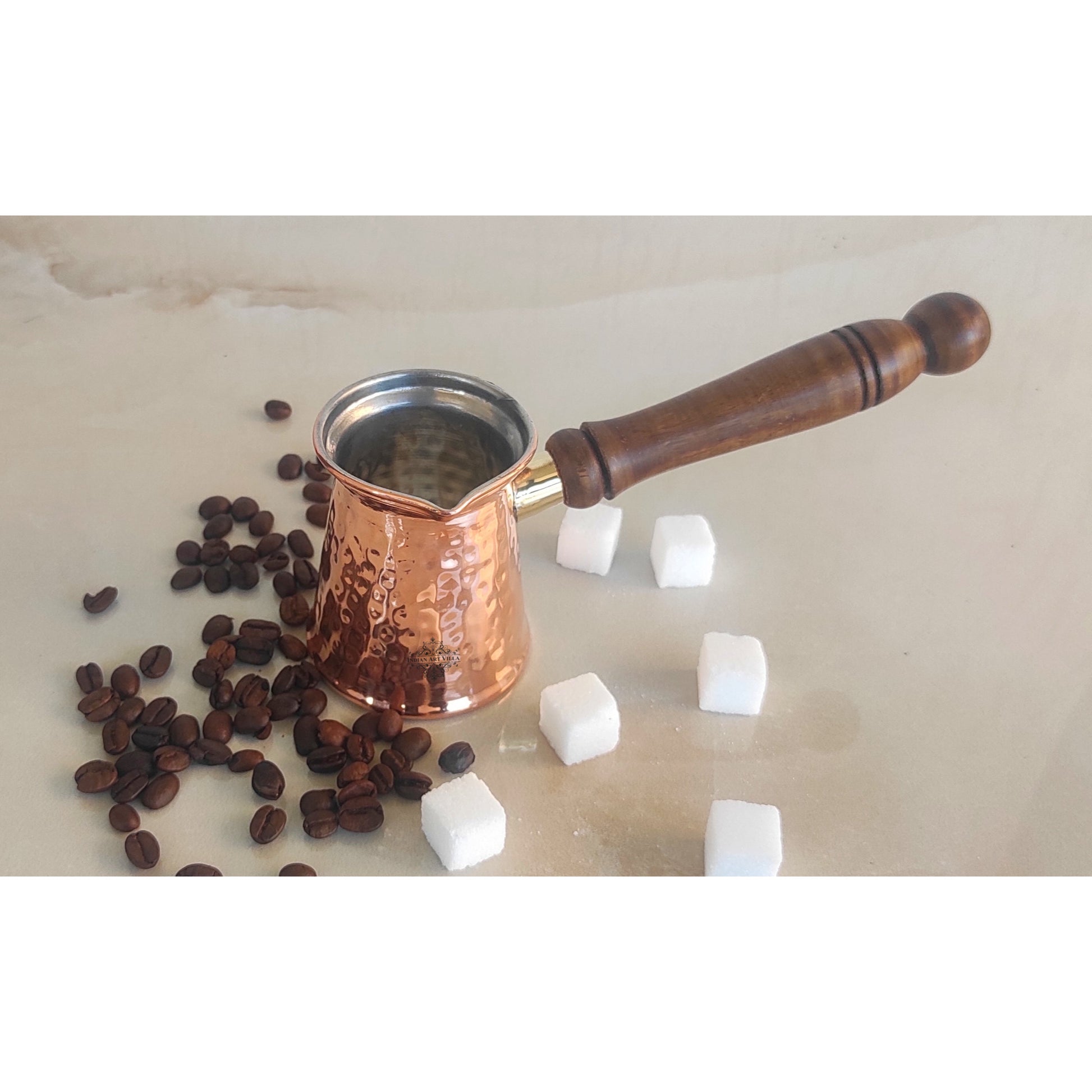 Pure Copper With Tin Lining Inside Turkish Kettle Mug with Wooden Handle & Hammered Design