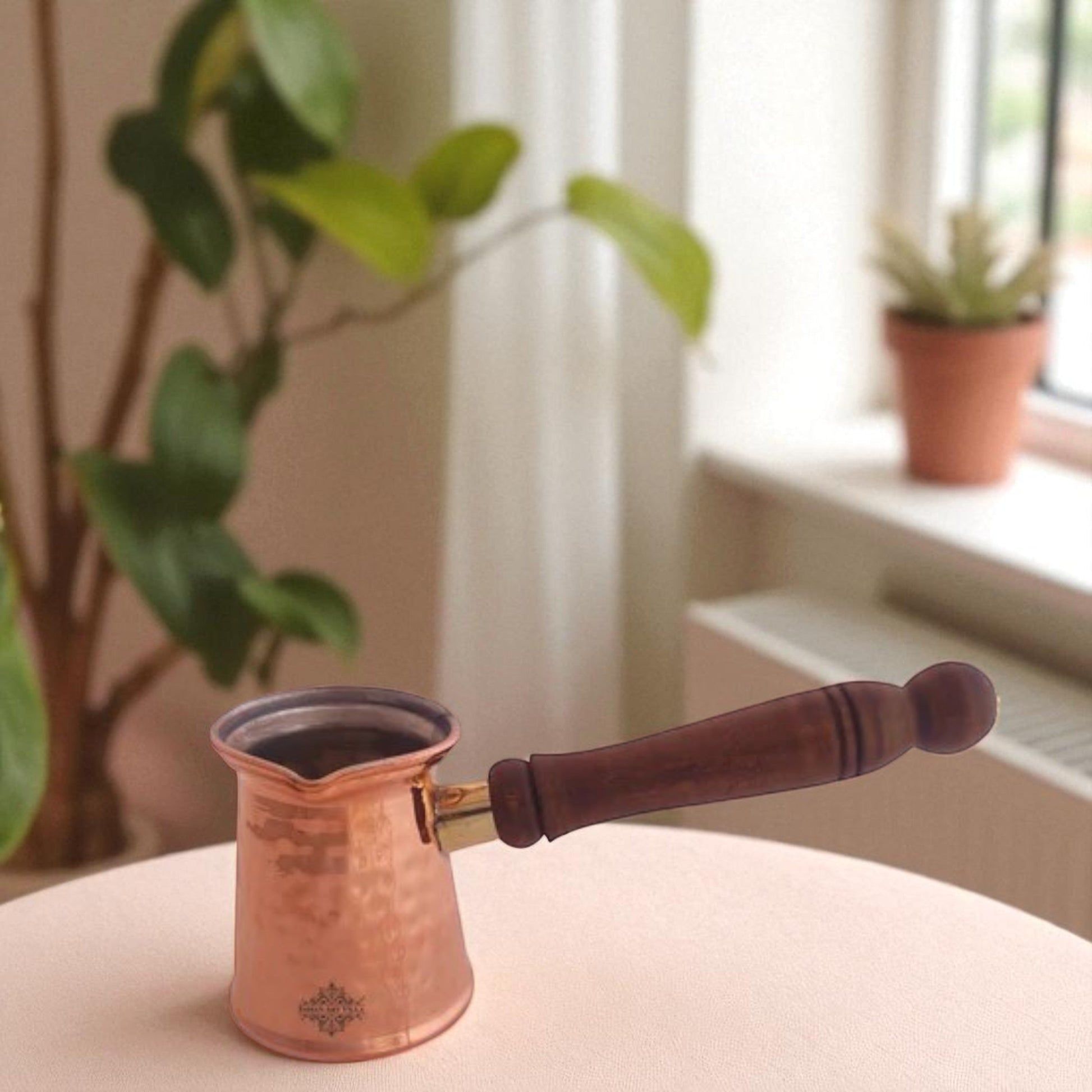 Pure Copper With Tin Lining Inside Turkish Kettle Mug with Wooden Handle & Hammered Design