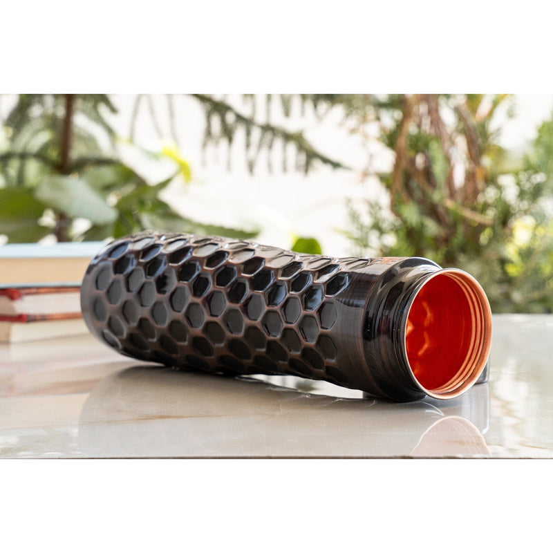 Pure Copper Water Bottle in Antique Finish with Diamond Hammered Design- 1000 ML