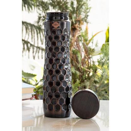 Pure Copper Water Bottle in Antique Finish with Diamond Hammered Design- 1000 ML