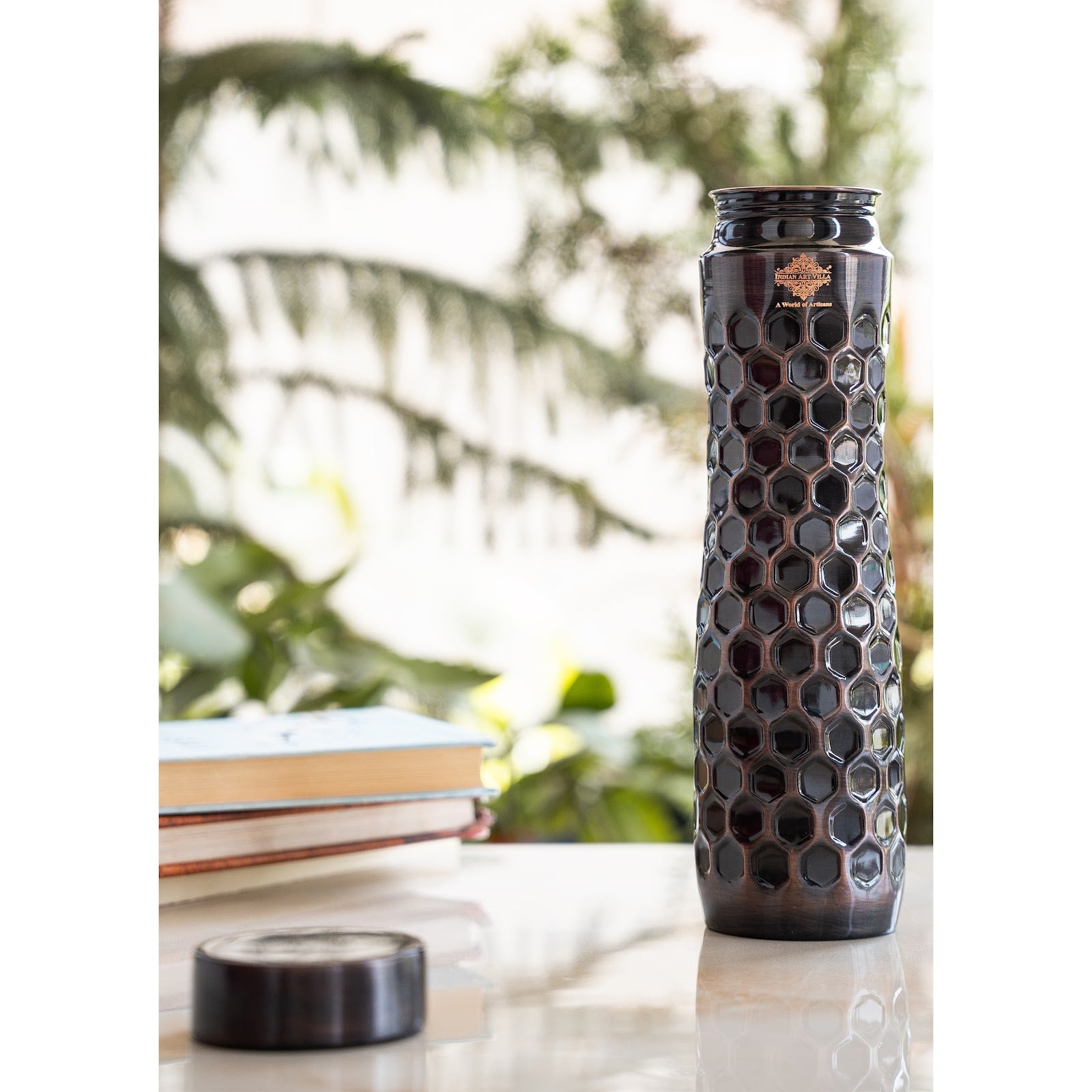 Pure Copper Water Bottle in Antique Finish with Diamond Hammered Design- 1000 ML
