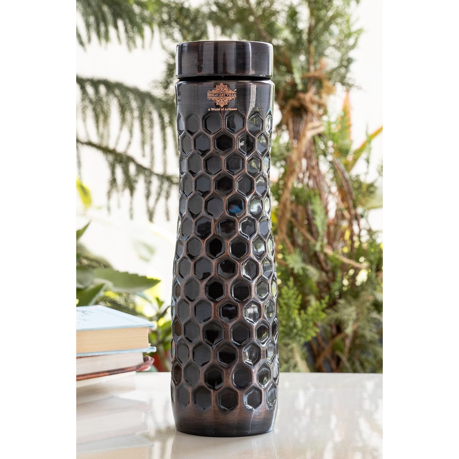 Pure Copper Water Bottle in Antique Finish with Diamond Hammered Design- 1000 ML