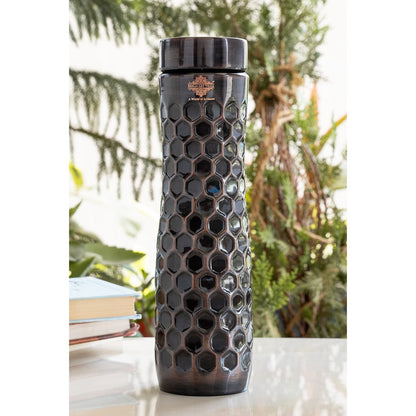 Pure Copper Water Bottle in Antique Finish with Diamond Hammered Design- 1000 ML
