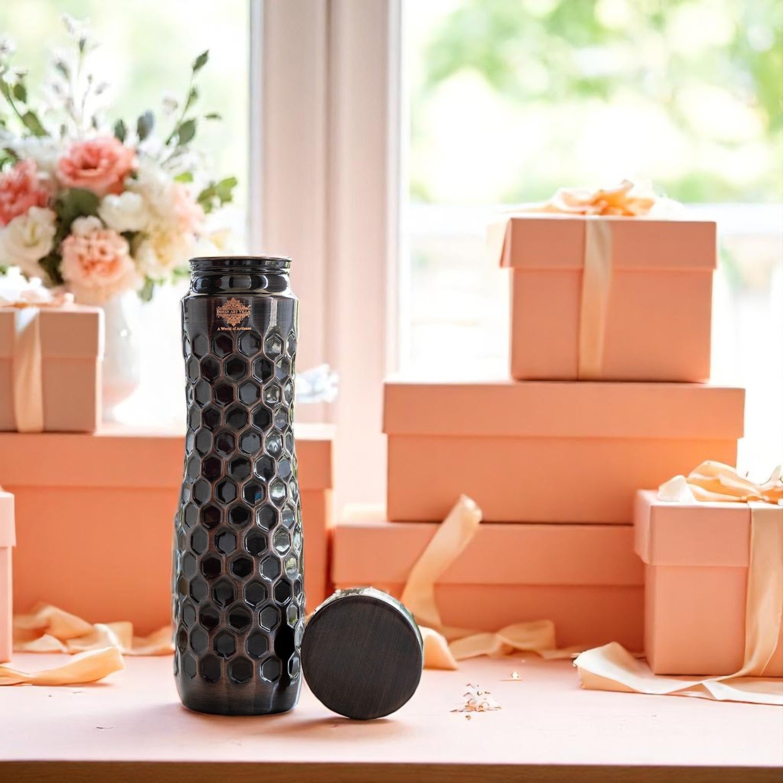 Pure Copper Water Bottle in Antique Finish with Diamond Hammered Design- 1000 ML