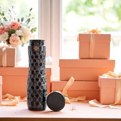 Pure Copper Water Bottle in Antique Finish with Diamond Hammered Design- 1000 ML