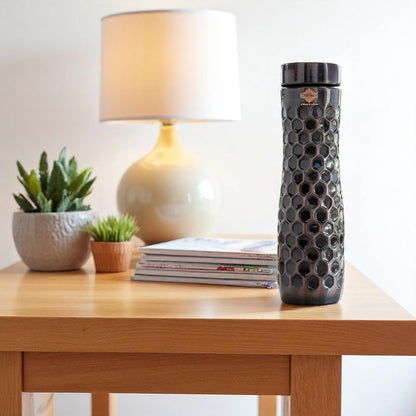 Pure Copper Water Bottle in Antique Finish with Diamond Hammered Design- 1000 ML