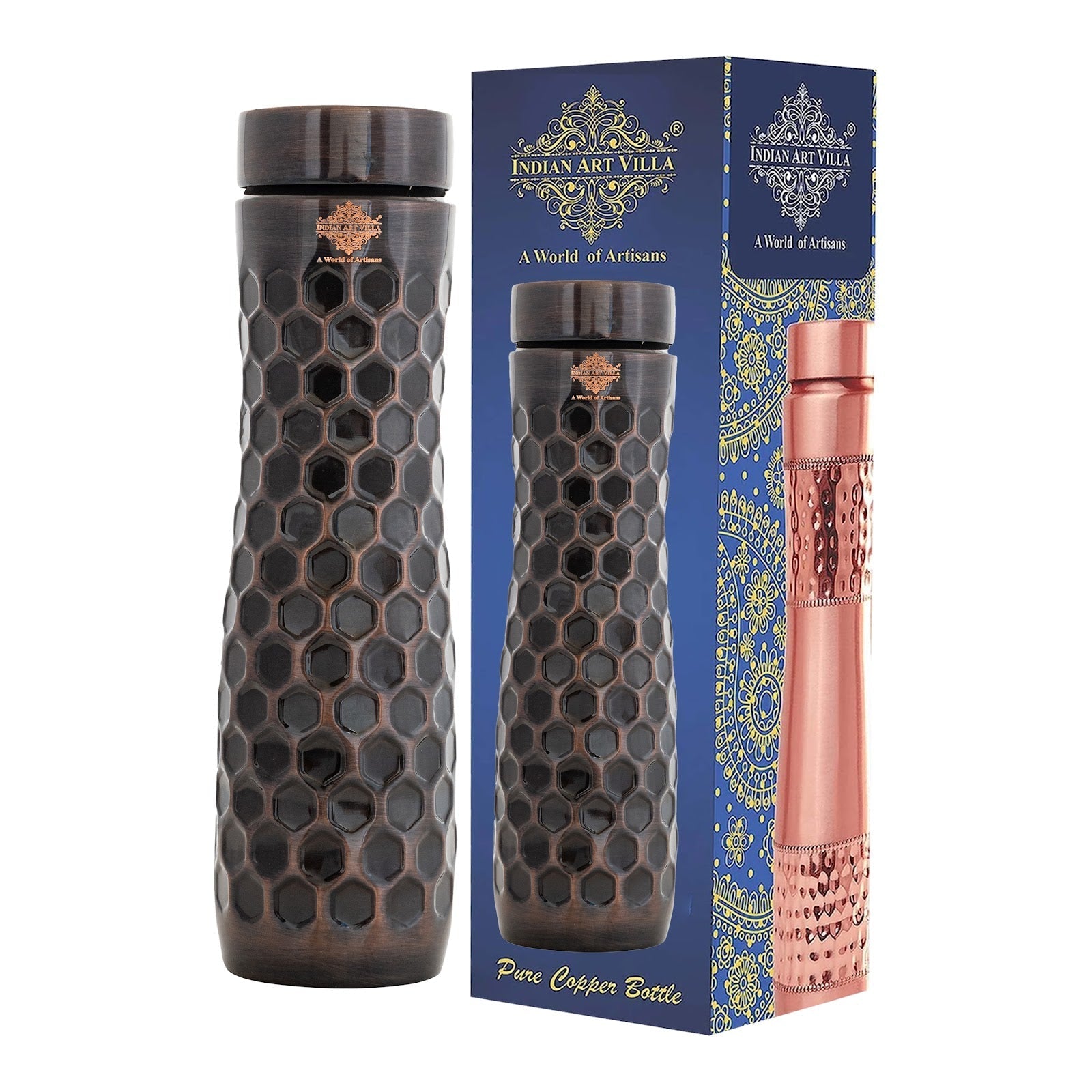 Pure Copper Water Bottle in Antique Finish with Diamond Hammered Design- 1000 ML