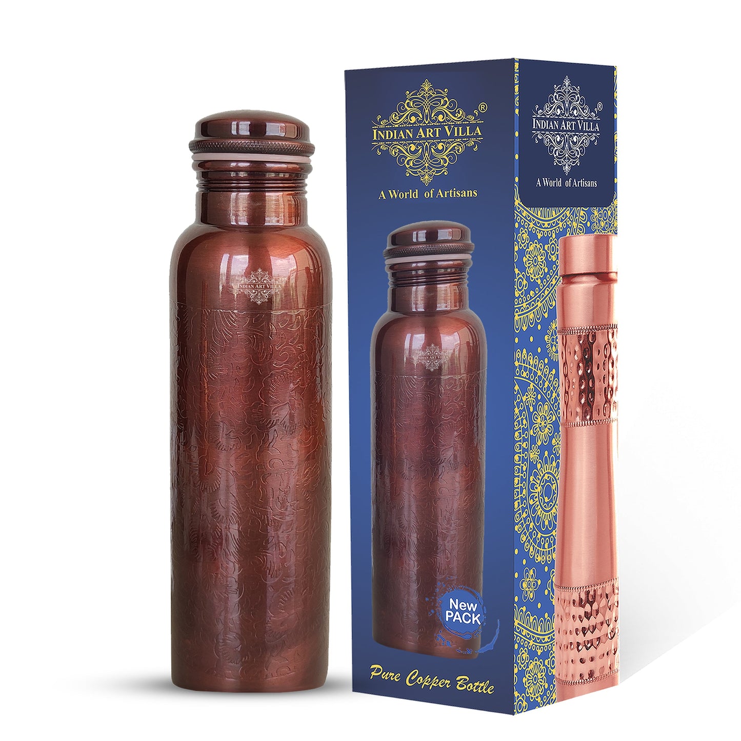 Pure Copper Water Bottle with Embossed Design