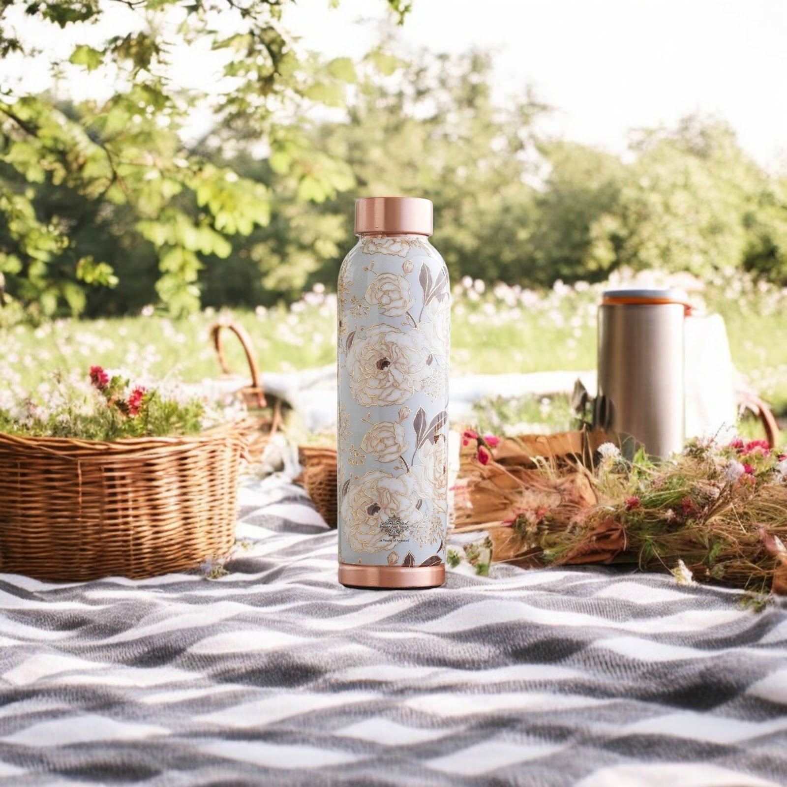 Pure Copper Water Bottle with Different Gold Print Designs, 900 ML