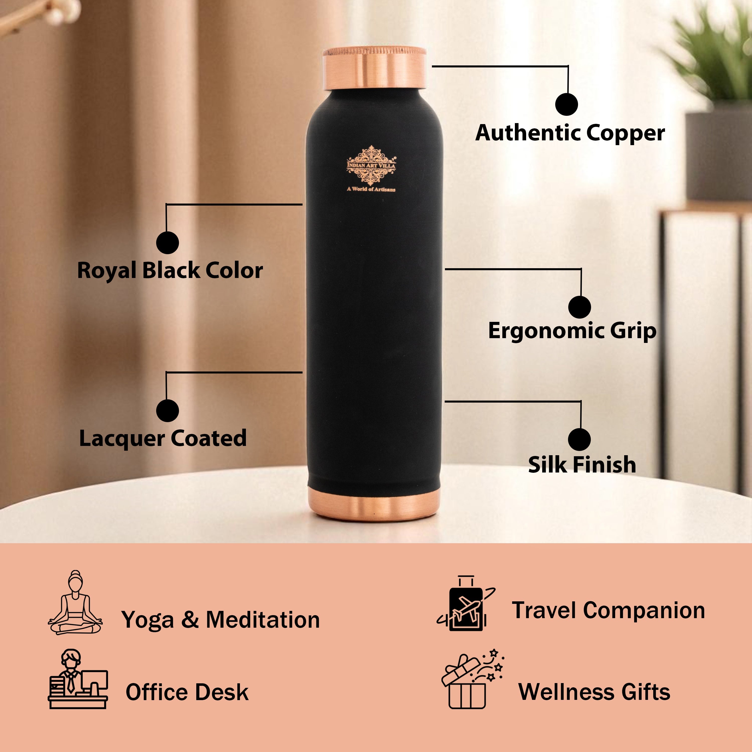 Pure Copper Water Bottle with Soft Matte Finish Color – 900 ML