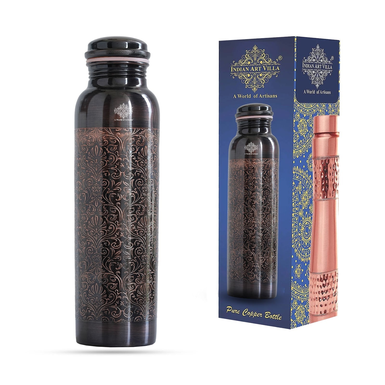Pure Copper Water Bottle with Embossed Design