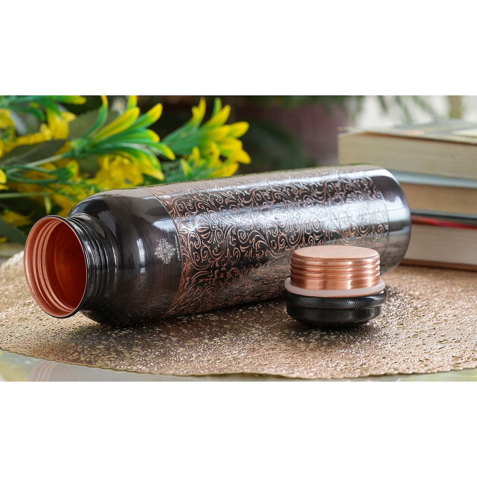 Pure Copper Water Bottle with Embossed Design