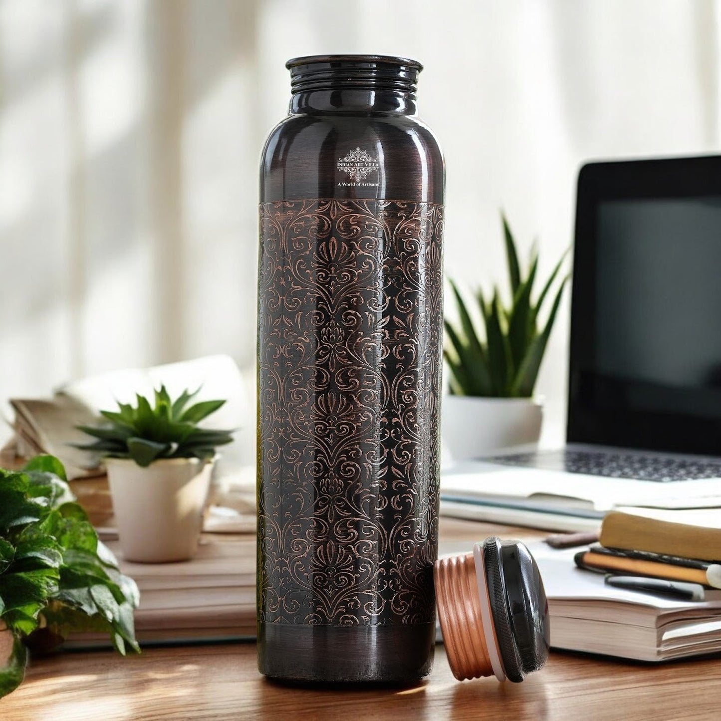 Pure Copper Water Bottle with Embossed Design