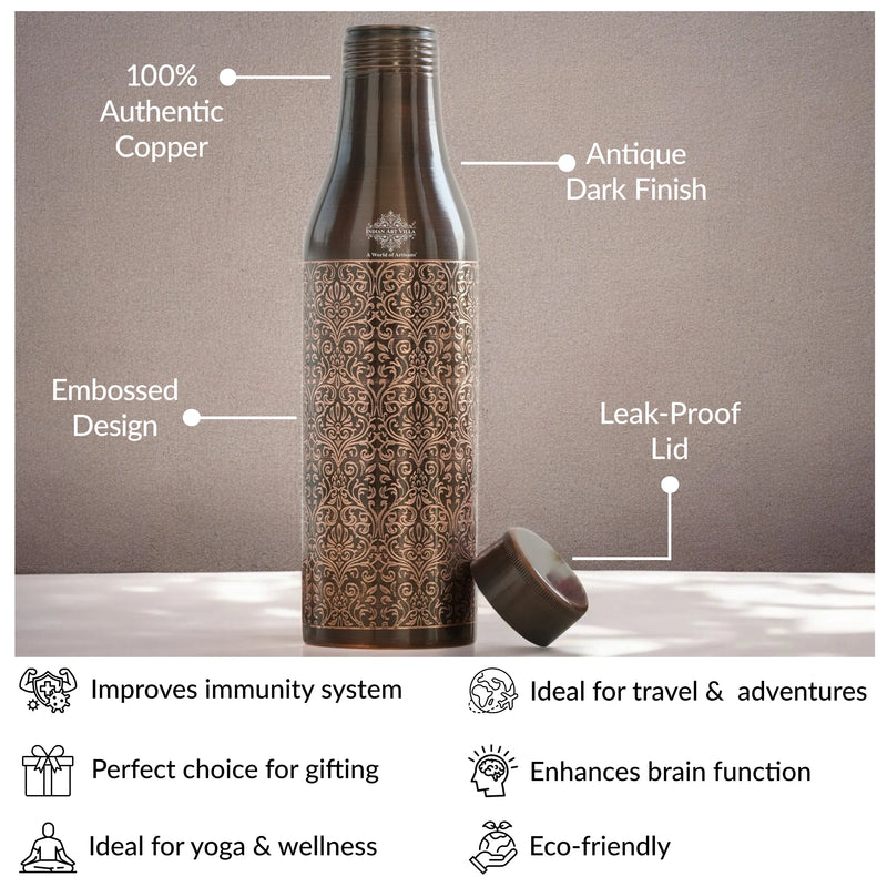 Pure Copper Bottle with Antique Dark Embossed Design, 900ml