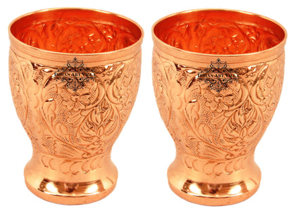 Pure Copper Big Glass with Embossed Flower Design, 350ml