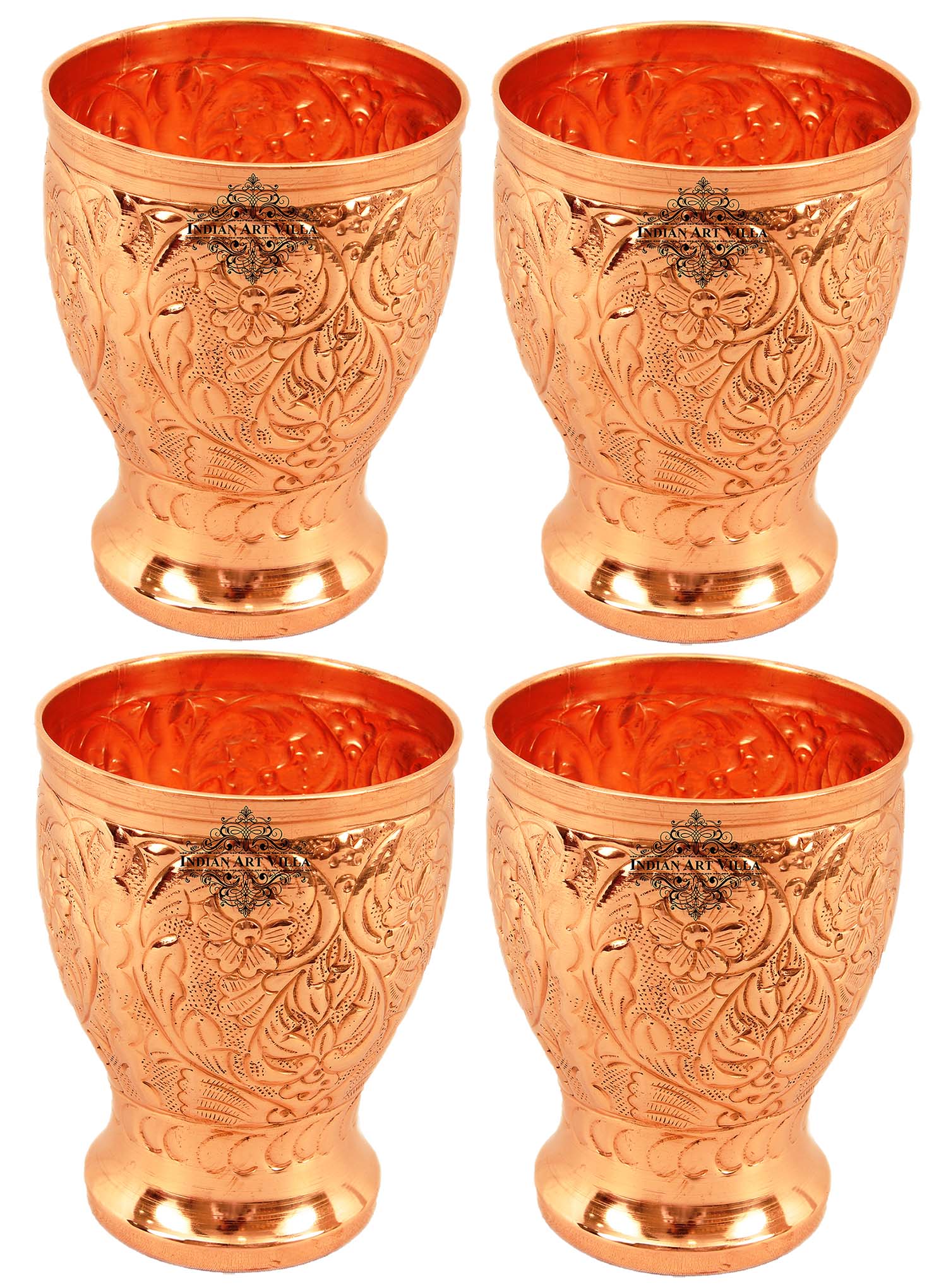 Pure Copper Big Glass with Embossed Flower Design, 350ml